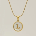 18K gold plated snake chain necklace featuring a white shell pendant with letter L - Letter L