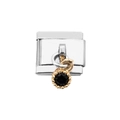 Silver and gold modular link charm with a black round gemstone for stainless steel bracelets - Deep Black