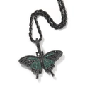 Hip hop butterfly pendant necklace with black and green crystals on a black rope chain - Black-Green Butterfly + Twist Chain