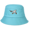Detailed view of the goose with knife embroidery on a sky blue cotton bucket hat - Adjustable / Lake Blue