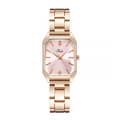 Macro detail of rose gold rectangular watch with pink dial and sparkling crystal indices - Pink