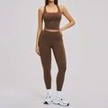 Women's dark brown sports yoga set featuring square neck vest and high waist leggings - S / Chocolate Brown