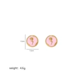 Close-up of pink enamel floral stud earrings with golden rose relief and size details - Pink Rose