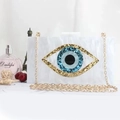 White marble acrylic evil eye evening clutch bag with golden chain for weddings - White