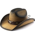 Gradient Western cowboy straw hat with leather band and metal bull head emblem - M (56-58cm) / Coffee