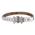 Detailed view of white rhinestone skull belt with red gemstones and sparkling studs - White