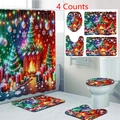 Set bagno da 4 pezzi con scena del camino di Natale, tenda da doccia e tappetini - Camino di Natale (24-1) / Set di 3 Tappetini da Bagno