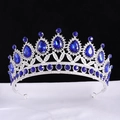 Close-up of silver bridal crown with large blue teardrop crystals and clear diamonds - Silver With Royal Blue