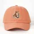 Coral cotton baseball cap featuring a vintage horse and floral print with adjustable strap - Orange