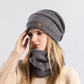 Ensemble bonnet d'hiver en tricot et tour de cou gris marine avec étiquette en cuir - Jaune Arc-en-ciel