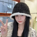 Winter plush bear bucket hat in black and white faux fur with thick warm lining - Plush Fisherman-Black