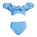 Himmelblauer hoch taillierter zweiteiliger Bikini mit eleganten Rüschenärmeln - S / Hellblau