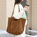 Vintage brown corduroy tote bag for women, large shoulder bag with front pocket - Brown