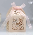 Beige laser-cut heart wedding favor box featuring delicate patterns and a pink ribbon bow - Champagne Gold