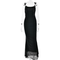 Detail of black backless dress showing 3D bow straps and pleated mesh fabric texture - S / Black