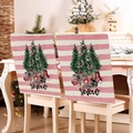 Detail view of pink striped Christmas chair covers with festive tree and snow text - Stripe Tree Snow (YT02-23)