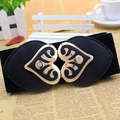 Women's black elastic waist belt featuring a gold heart buckle with crystal rhinestones - EL30 Extended 75cm