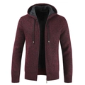 Men's thick knitted hooded cardigan in deep wine red with warm black fleece lining - M / Burgundy