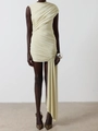 Slim fit pale yellow sleeveless dress with ruched details and asymmetrical side drape - Apricot