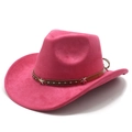 Detail view of pink suede fedora featuring brown leather strap and silver star studs - M (56-58cm) / Rose Red Suede
