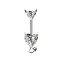 Piercing ombelico diavolo in metallo argento con zirconi a cuore e coda di demone - Zircone Bianco Placcato Platino