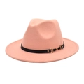 Detail of pink fedora hat featuring a black leather band and gold buckle accent - M (56-58cm) / Dusty Pink