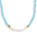 Retro stainless steel necklace with ten freshwater pearls and blue faceted crystals - Light Blue Transparent