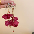 Long tassel flower earrings with deep red petals and crystal bows on a beige background - Silver Earring Post - Red Fabric Flower Tassel Studs (8#)