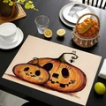 Close-up of Halloween linen placemat with orange pumpkin and cat prints on dark table - Style 5