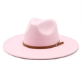 Detailed macro view of pink fedora featuring brown leather strap and silver metal rivets - M (56-58cm) / Pink