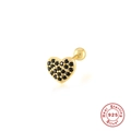 Vista ravvicinata dell'orecchino a cuore dorato con cristalli neri e marchio argento 925 - Tipo a Vite a Cuore Singolo / Oro-Strass Nero