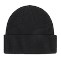 Close-up of a black knitted beanie featuring fine vertical ribbed texture and folded cuff - Black