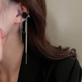 Elegant black rose ear cuff with long silver tassels and sparkling rhinestone accents - Black Rose Long Tassel Ear Hook