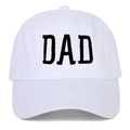 Close-up of black DAD embroidery on white cotton twill baseball cap with curved brim - Adjustable / DAD Embroidery / White