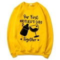 Yellow Mama Est 2025 hoodie with Our First Mother's Day Together print and icons - Yellow