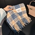 Soft plaid scarf in beige with blue and orange check patterns and tassel edges - Tian Grid Rice Blue