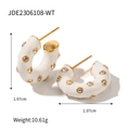 White flower-shaped enamel C-shaped hoop earrings with 18K gold-plated stainless steel - White Enamel Rhinestone C-Shaped Style (JDE2306108-WT)