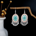 Ethnic vintage silver alloy drop earrings with pink enamel and metal bead tassels - Silver Pink Cyan Enamel Flower Tassel(E1765-4)