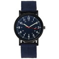 Detail of military style quartz watch with blue canvas strap and 24-hour scale dial - Blue