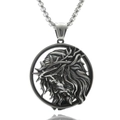 Detailed view of silver stainless steel round Jesus pendant with a classic box chain - Jesus Profile Round