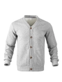 Detail of grey V-neck cardigan featuring textured geometric knit and marble buttons - S / Gray