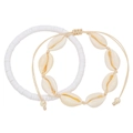 Conjunto de tobilleras de conchas y cuentas blancas con cordón beige ajustable - D1688-1 (Juego de 2 Piezas-Cuentas de Disco y Concha Trenzada)