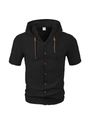 Men's loose hooded short sleeve linen shirt in solid black with button closure - S / Black