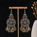 Bohemian retro gold drop earrings with multi-color beads and coin pendants - Retro Gold Multicolor Beaded Coin Style (E3315)