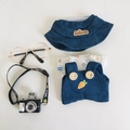 Denim Outfit Set für 17cm Plüschpuppen mit Hut, Latzhose, Brille und Kamera Spielzeug - Hut, Bären-T-Shirt, Latzhose, Brille & Kamera 5-teiliges Set / Passend für 17cm Puppen