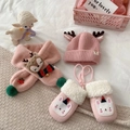 Detailed view of pink knitted baby hat with reindeer antlers and fuzzy scarf with gloves - Hat Scarf And Gloves Set - Pink (No Gift Box)