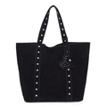 Black suede tote bag with silver studs and heart-shaped charm on white background - Black