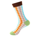 British style checkered mid-calf sock with colorful geometric pattern and ribbed cuff - 1083-Beige Yellow Dots