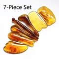 7-piece amber resin massage set with heart-shaped gua sha board and facial lifting tools - Complete Massage Tool Set / Amber
