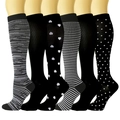 Detailed set of 6 pairs black compression socks with various white patterns for sports - Set 1